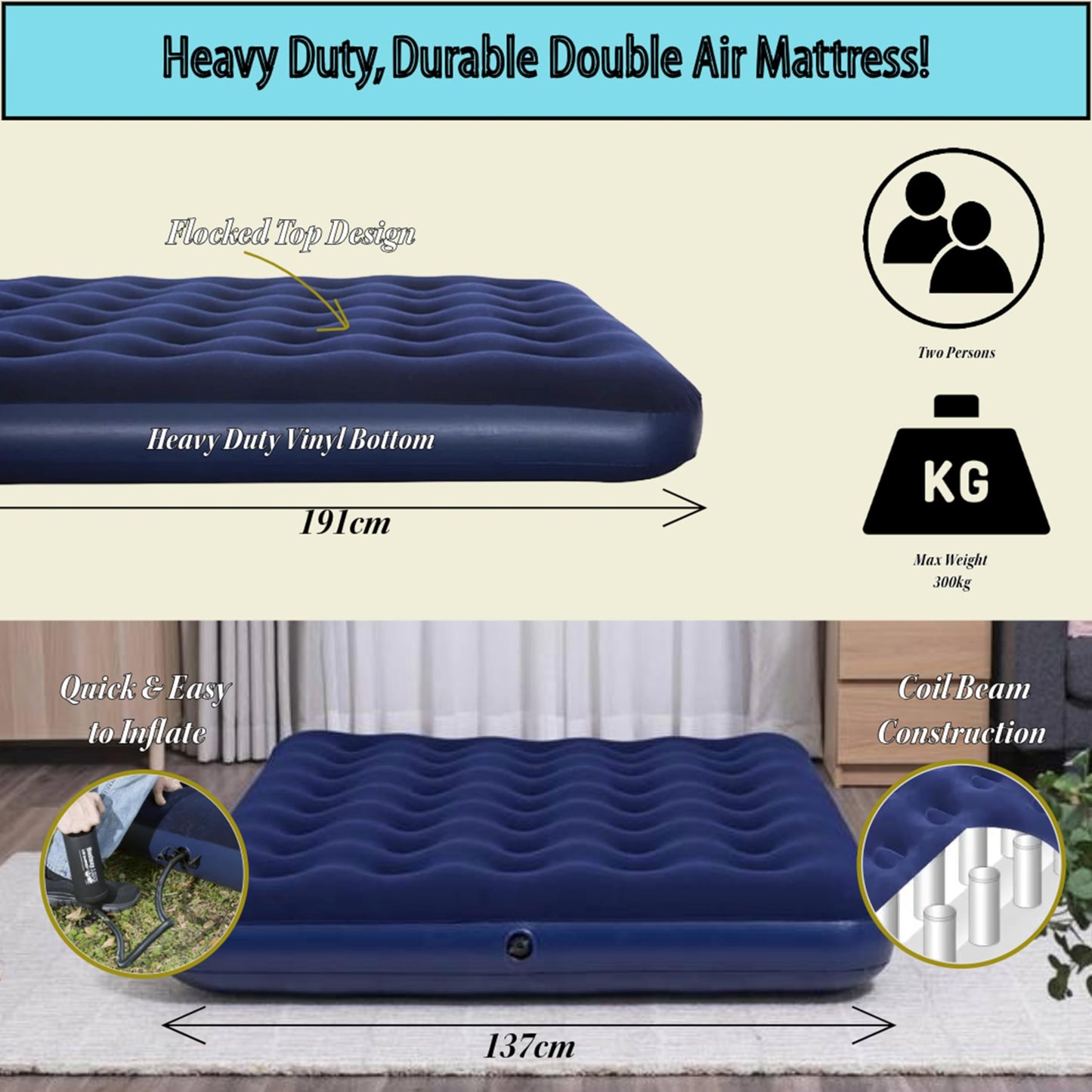 Topline Inflatable Air Bed Double Mattress with Air Pump