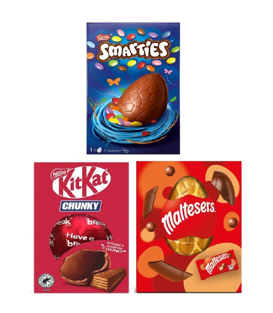 Milk Chocolate Easter Egg 3-Pack – Smarties 100g, Maltesers 96.5g & Kit Kat Chunky 110g