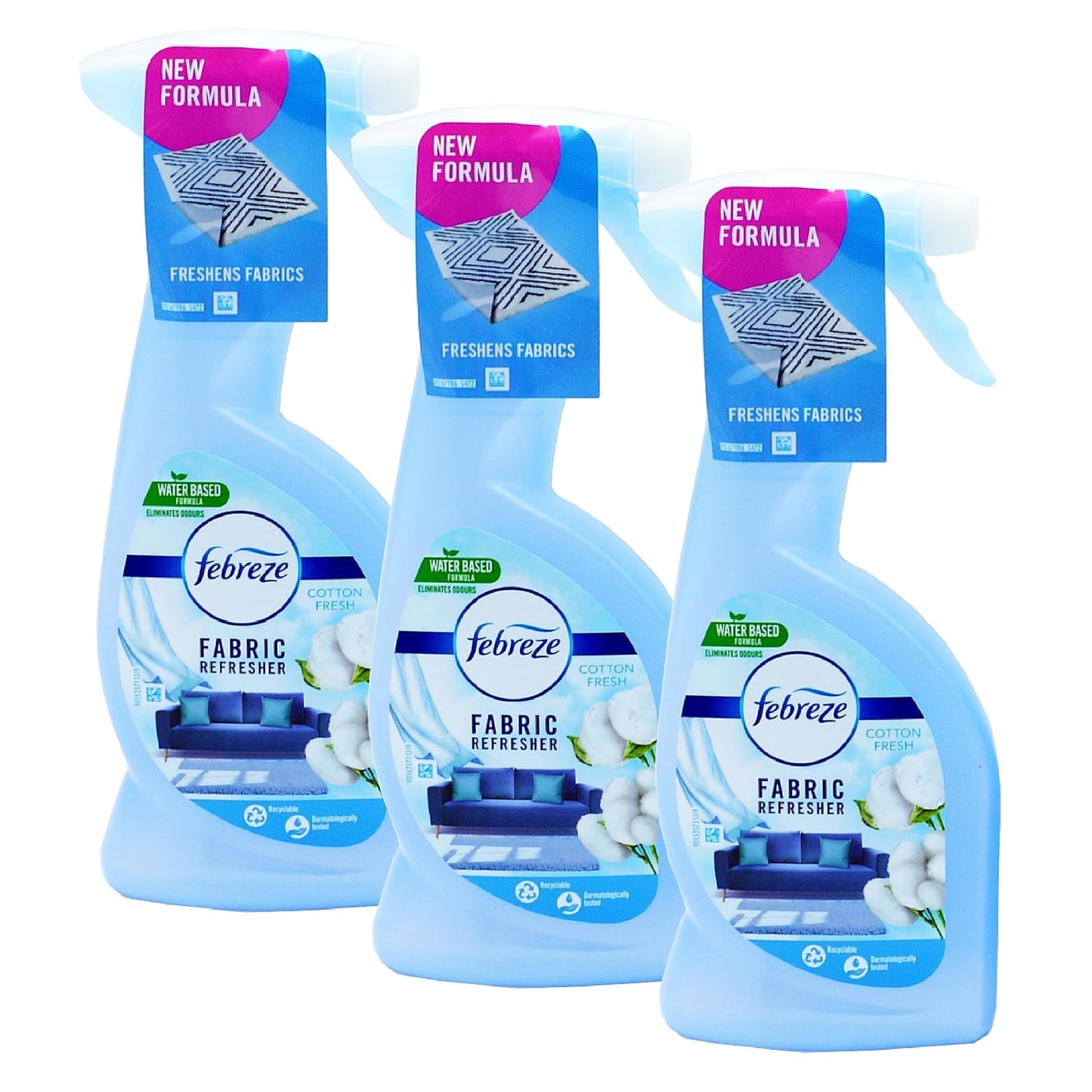 Topline Fabric Freshener Room Spray Bundle - Pack of 3 x 375ml Cotton Fresh Water-Based Formula Fabric Spray, Carpet Freshener Odour Eliminator with Card. Room Fresheners for Home Bulk Buy