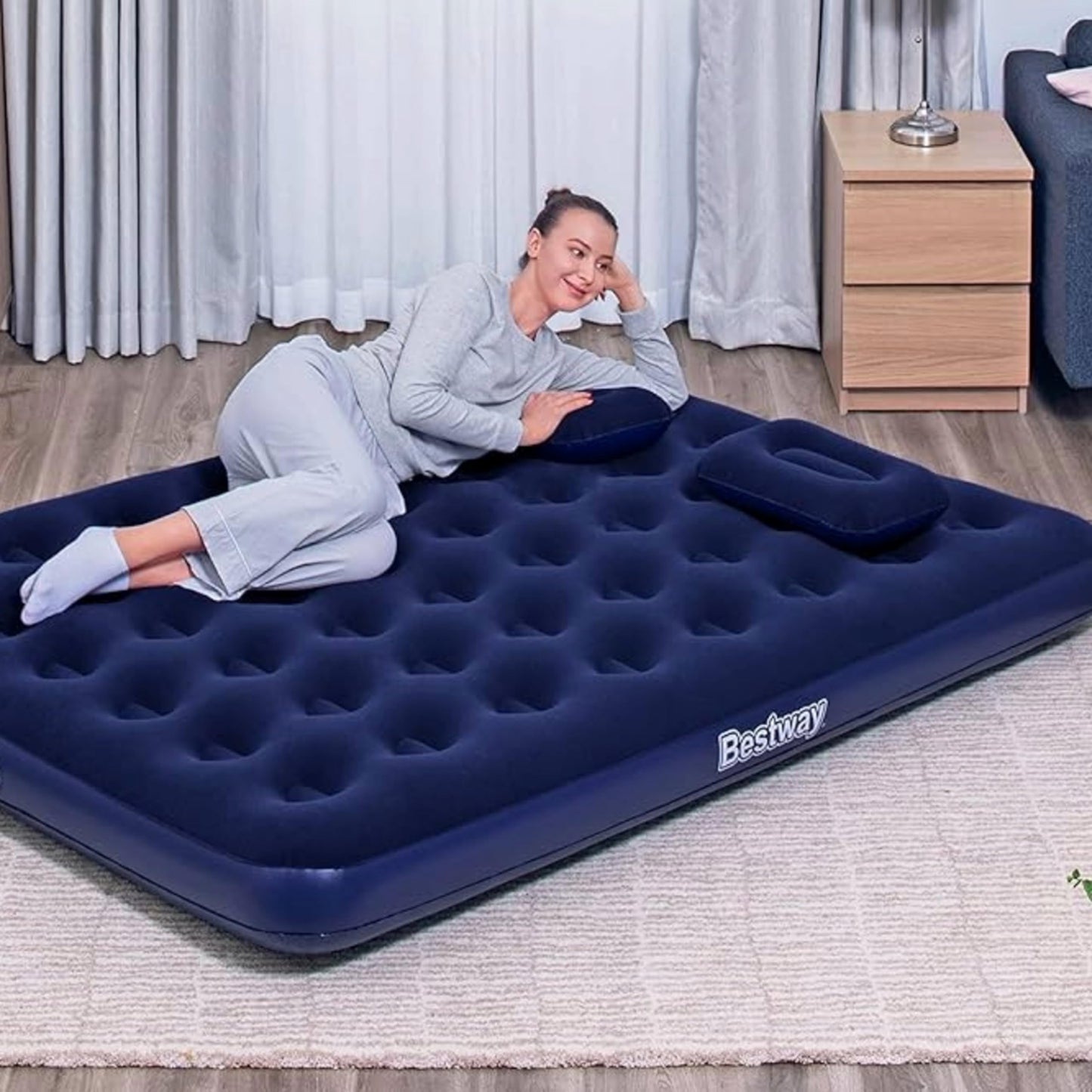 Topline Double Air Bed Inflatable Mattress Queen Blue with Pillows & Hand Pump