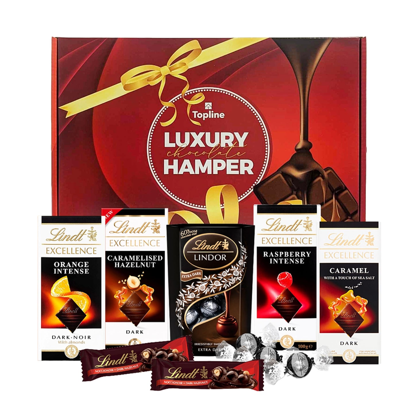 Dark Chocolate Hamper Gift Box - Irresistible Smooth 4 x 100g Caramel, Orange, Raspberry & Hazelnut Flavour Chocolate Bars, Chocolate Truffles 200g & 2x35g Hazelnut Bars. Mothers Day Gifts for Mum