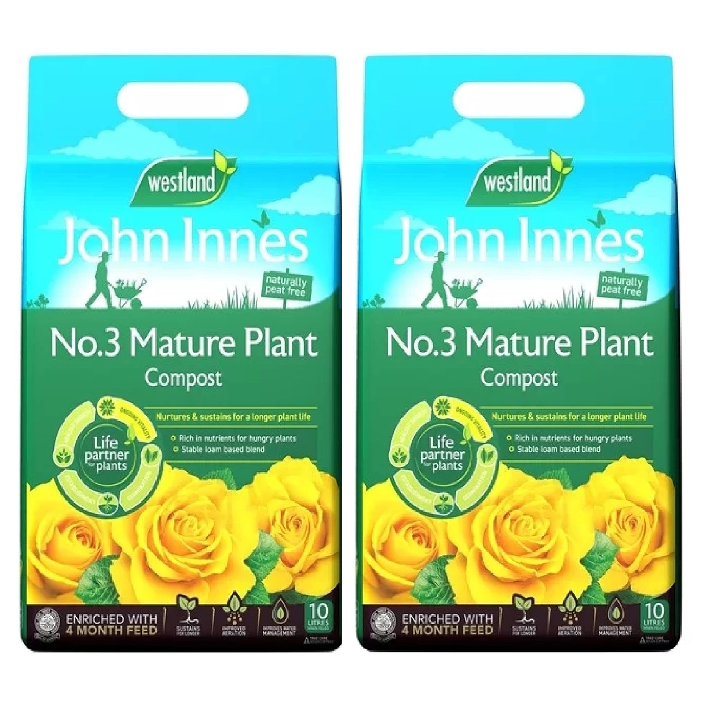 Westland Peat Free Garden Compost - John Innes No3 Mature Plant Potting Seedling Compost 2 x 10L Bags with Topline Card for Outdoor & Indoor House Plants.