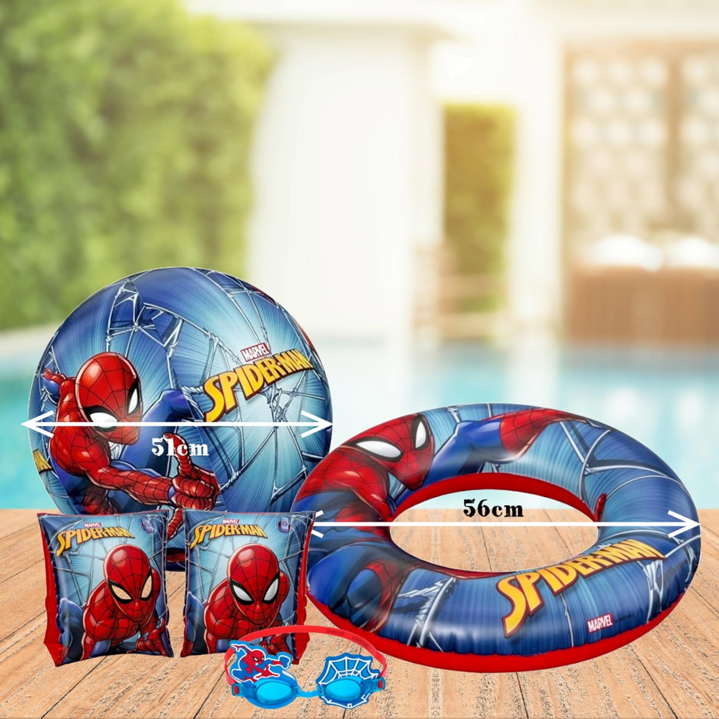 Swimming Float Pool Inflatables for Kids - Spiderman Pool Float Bundle of 20" Beach Ball, Arm Bands, Goggles & Swim Ring Tube for Swimming Pool Activities, Water Park, Beach Games with Topline Card.