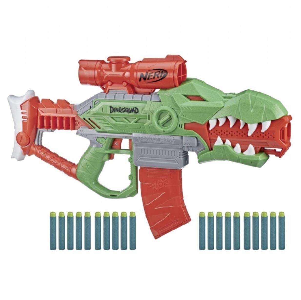 Nerf DinoSquad Rex-Rampage Motorised Dart Blaster with 10-Dart Clip & 20 Darts