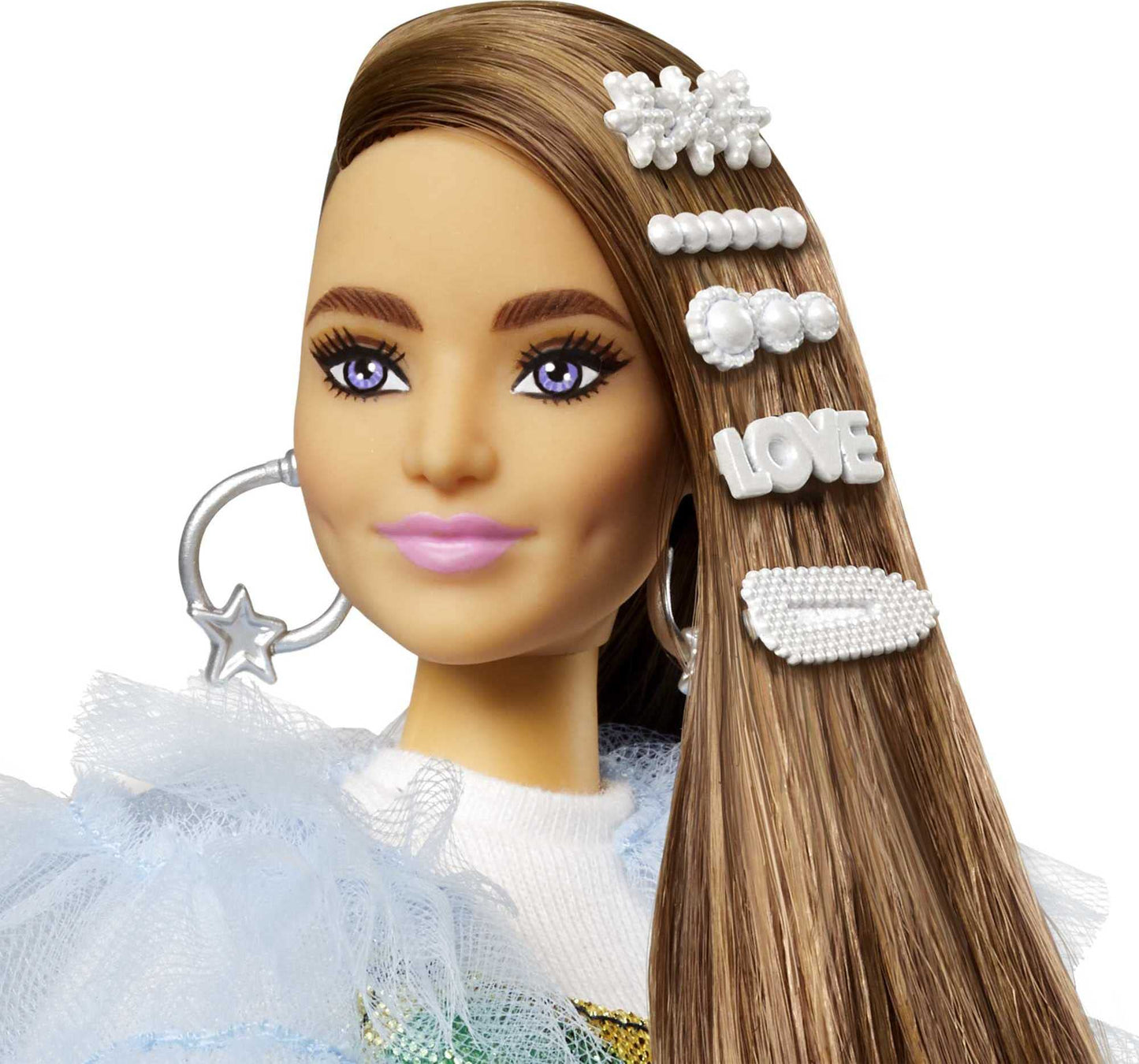 Barbie Extra Doll #9 in Blue Ruffled Jacket with Pet Crocodile, Long Brunette Hair, Bling Hair Clips, Gift for Kids 3Y+, GYJ78