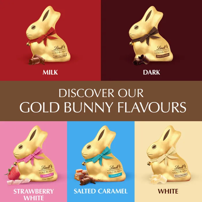 Lindt Chocolate Easter Bunny Assortment β 4 x 100g Bunnies (Milk, White, Salted Caramel & Strawberry White)