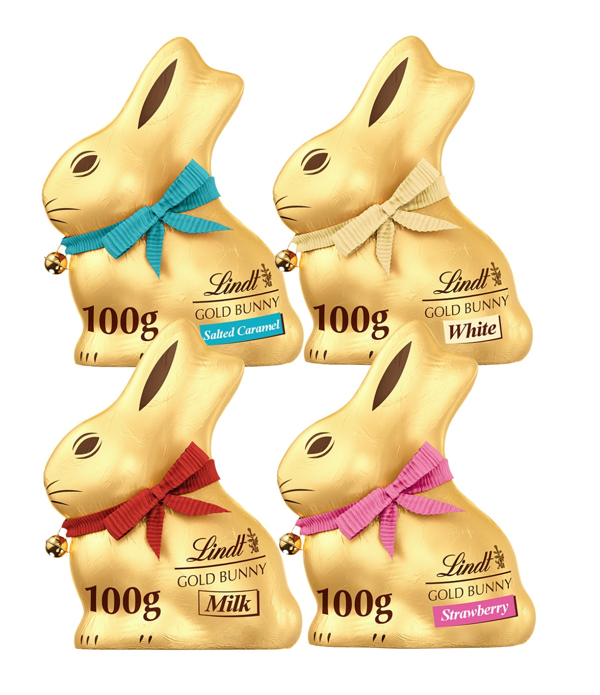 Lindt Chocolate Easter Bunny Assortment β 4 x 100g Bunnies (Milk, White, Salted Caramel & Strawberry White)