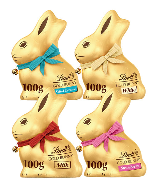 Lindt Chocolate Easter Bunny Assortment – 4 x 100g Bunnies (Milk, White, Salted Caramel & Strawberry White)
