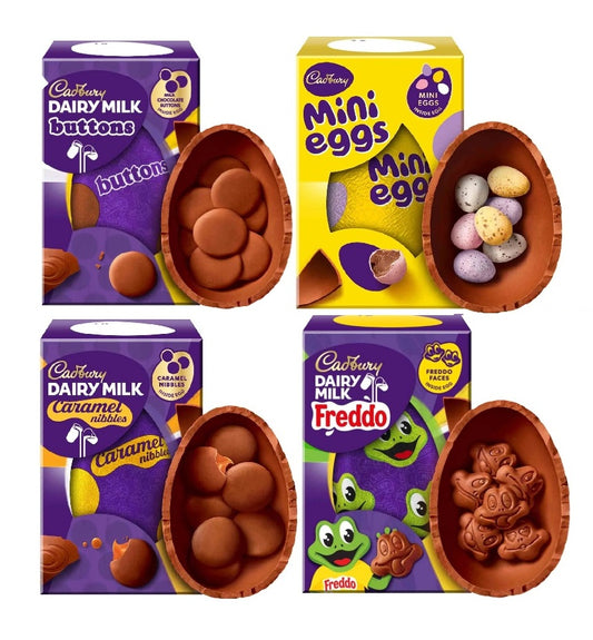 Cadbury Easter Egg 4-Pack – Freddo, Caramel Nibbles, Mini Eggs & Buttons (96g–97g Each)