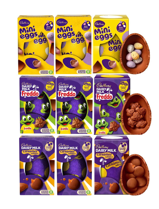 Easter Egg Bulk Chocolate Hamper – Gift Box of 9 Cadbury Eggs (3 x Caramel Nibbles, 3 x Mini Eggs, 3 x Freddo)with Topline Hanging Decoration for Egg Hunt, Easter Gifts
