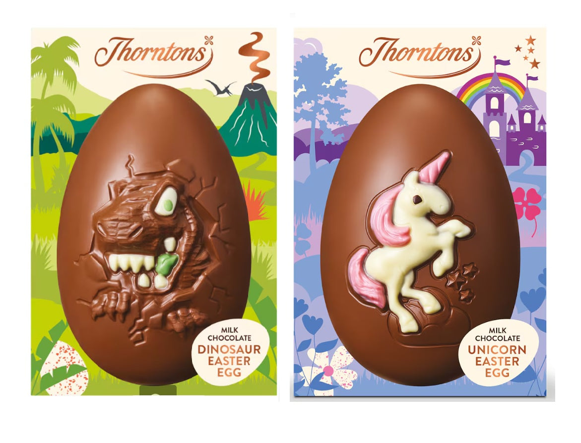 Thorntons Easter Milk Chocolate Dinosaur & Unicorn Eggs โ 2 x 151g Fun Gift Set