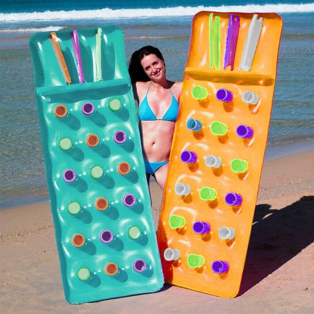 Sun Lounger Float Pool Inflatables - Blue & Yellow Pool Float Inflatable Mattress Air Bed with Built in Pillow & Heavy Duty Patch Repair Kit. Water Hammock with Topline Card for Swimming Pool