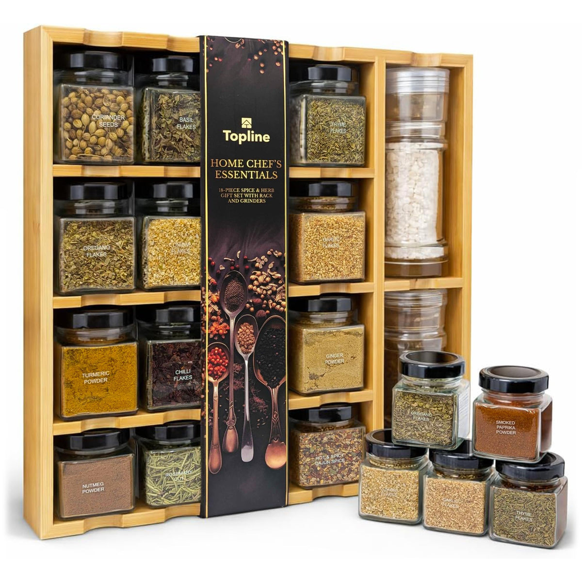 Bamboo Spice Rack Organizer with Glass Jars, Grinders & Spices Included