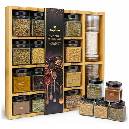 Bamboo Spice Rack Organizer with Glass Jars, Grinders & Spices Included