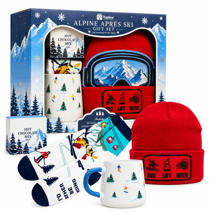 Topline Cozy Skiing Gift Set for Men - Ski Red Knitted Beanie Hat, Ceramic Mug, Cozy Socks & 20g Double Hot Chocolate Mix