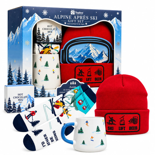 Topline Cozy Skiing Gift Set for Men - Ski Red Knitted Beanie Hat, Ceramic Mug, Cozy Socks & 20g Double Hot Chocolate Mix