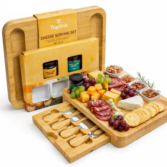 Cheese Board Serving Gift Set with Chilli Lime 38g & Apple Mango 38g Chutneys, Cheeseboard & Dipping Bowls