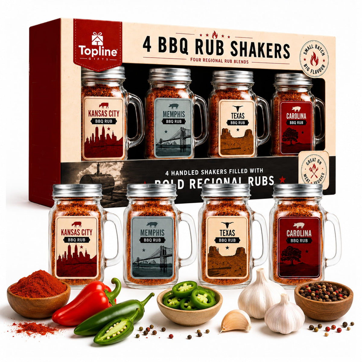 BBQ Rub Gift Set for Mens Gifts - 4 Premium American Style BBQ Seasonings with Glass Shakers