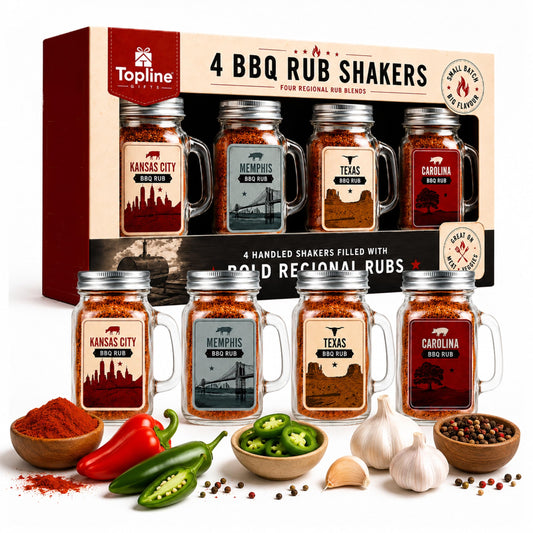 BBQ Rub Gift Set for Mens Gifts - 4 Premium American Style BBQ Seasonings with Glass Shakers