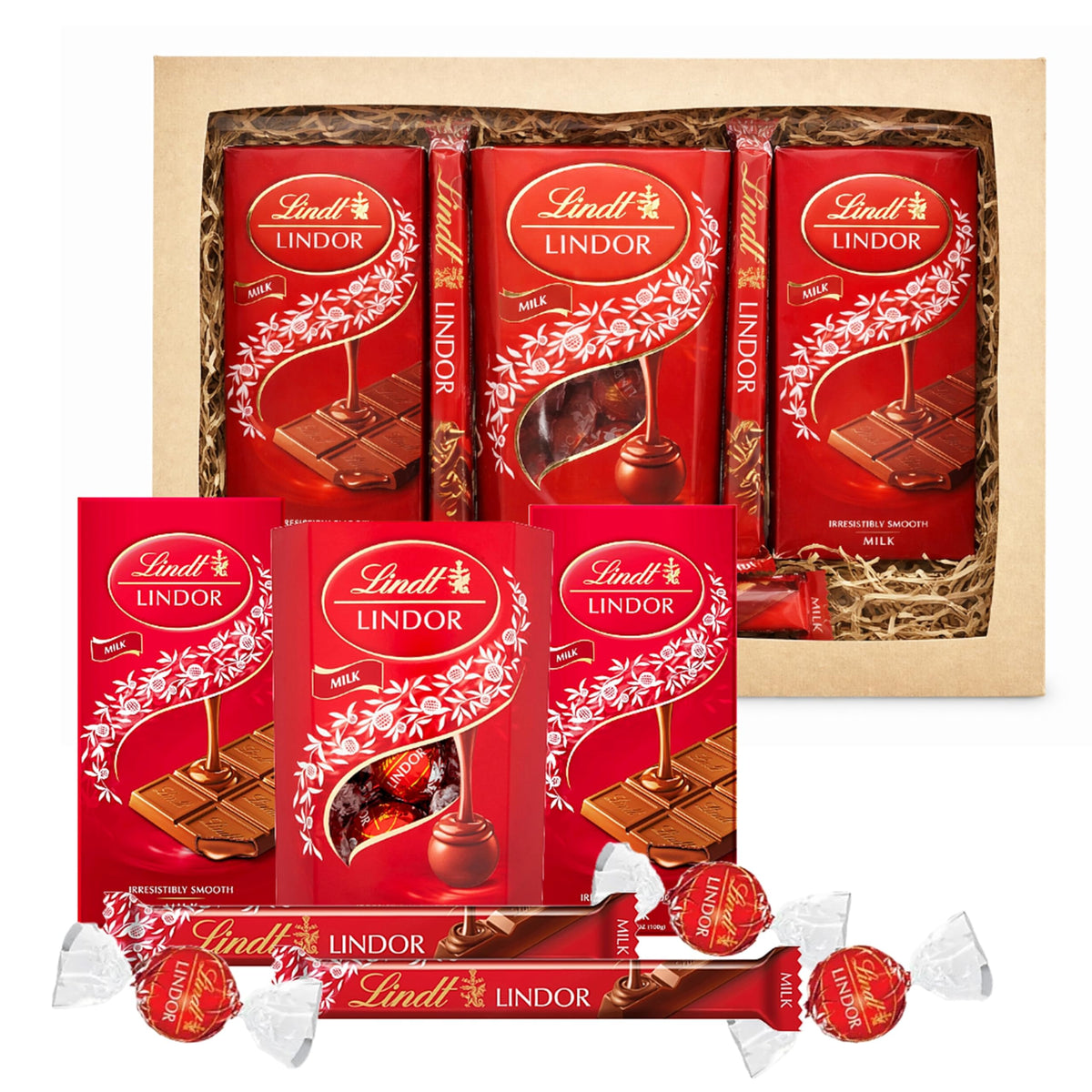 Lindt Milk Chocolate Hamper for Birthday Gifts - Assortment of 200g Smooth Truffles, 2 x 100g Chocolate Bars & 2 x 38g Treat Bars
