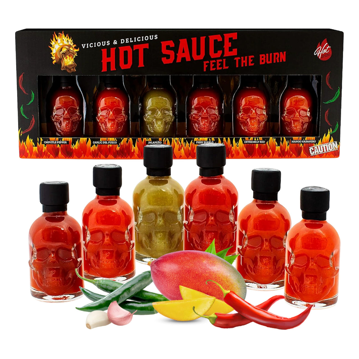 Hot Sauce Gift Set for Mens Gifts - Chilli Skull Spicy Sauce Heat Pack of 6 Different Flavour Sauce Bottle Gift