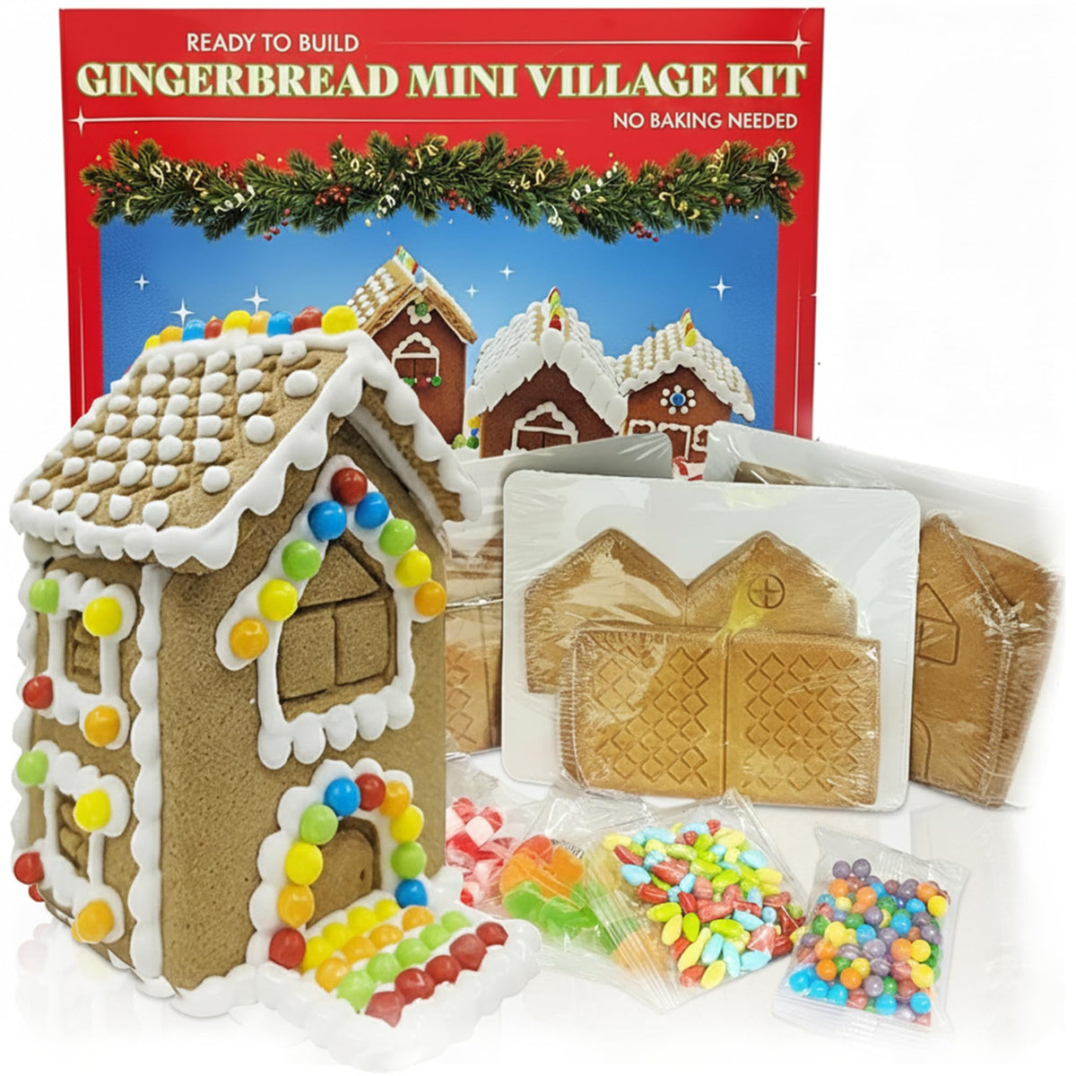 Mini Gingerbread House Kit - Build & Decorate Your Own 4 piece Gingerbread Christmas Village 735g
