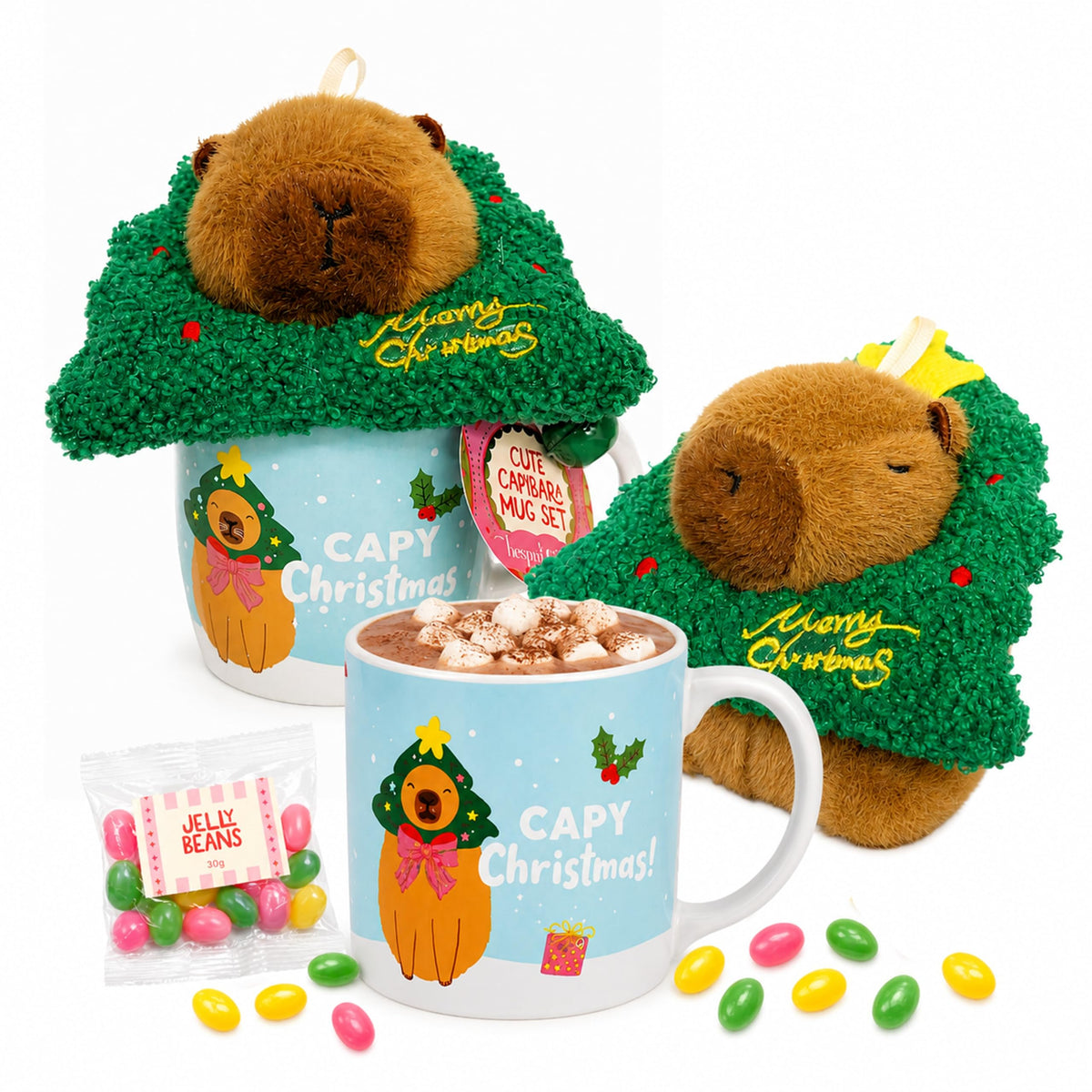 Capybara Christmas Gift Set for Kids - Ceramic Capybara Mug with Soft Plush Toy, 30g Jelly Beans & more