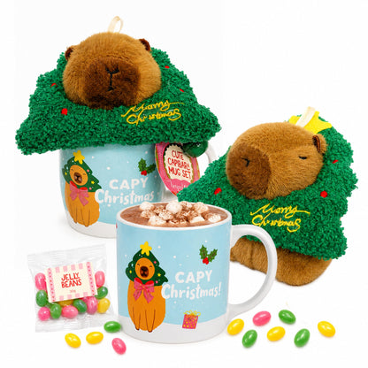 Capybara Christmas Gift Set for Kids - Ceramic Capybara Mug with Soft Plush Toy, 30g Jelly Beans & more