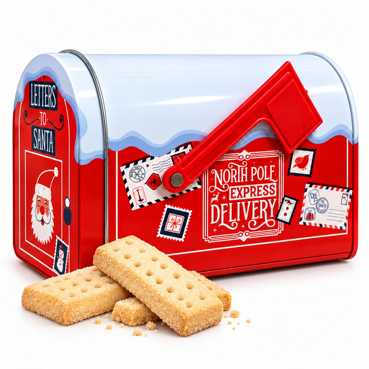 Christmas Post Box Biscuit Tin - Pole Express Delivery Mailbox Tin Filled with Shortbread Fingers 200g