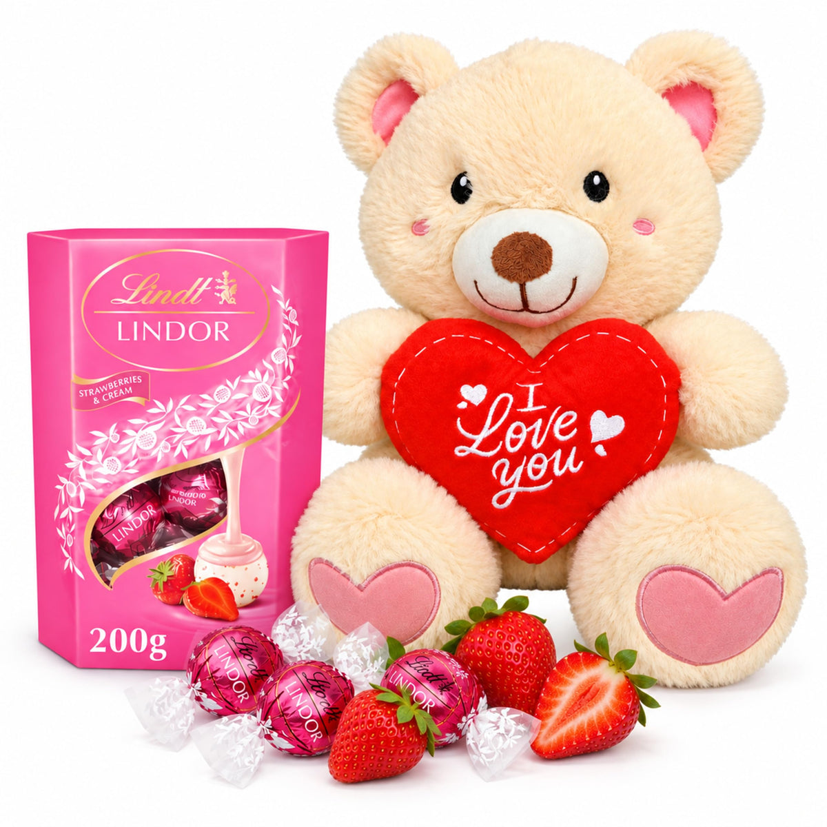 Lindt Chocolates & Teddy Hamper - Strawberry & Cream Truffles 200g + Teddy Bear