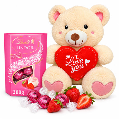 Lindt Chocolates & Teddy Hamper - Strawberry & Cream Truffles 200g + Teddy Bear