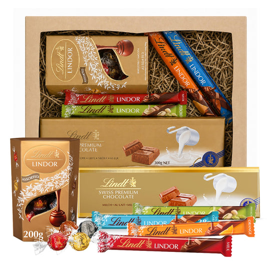 Lindt Chocolates Hamper - Chocolate Bars 4 x 38g, Assorted Truffles 200g & & Swiss Milk Chocolate 300g