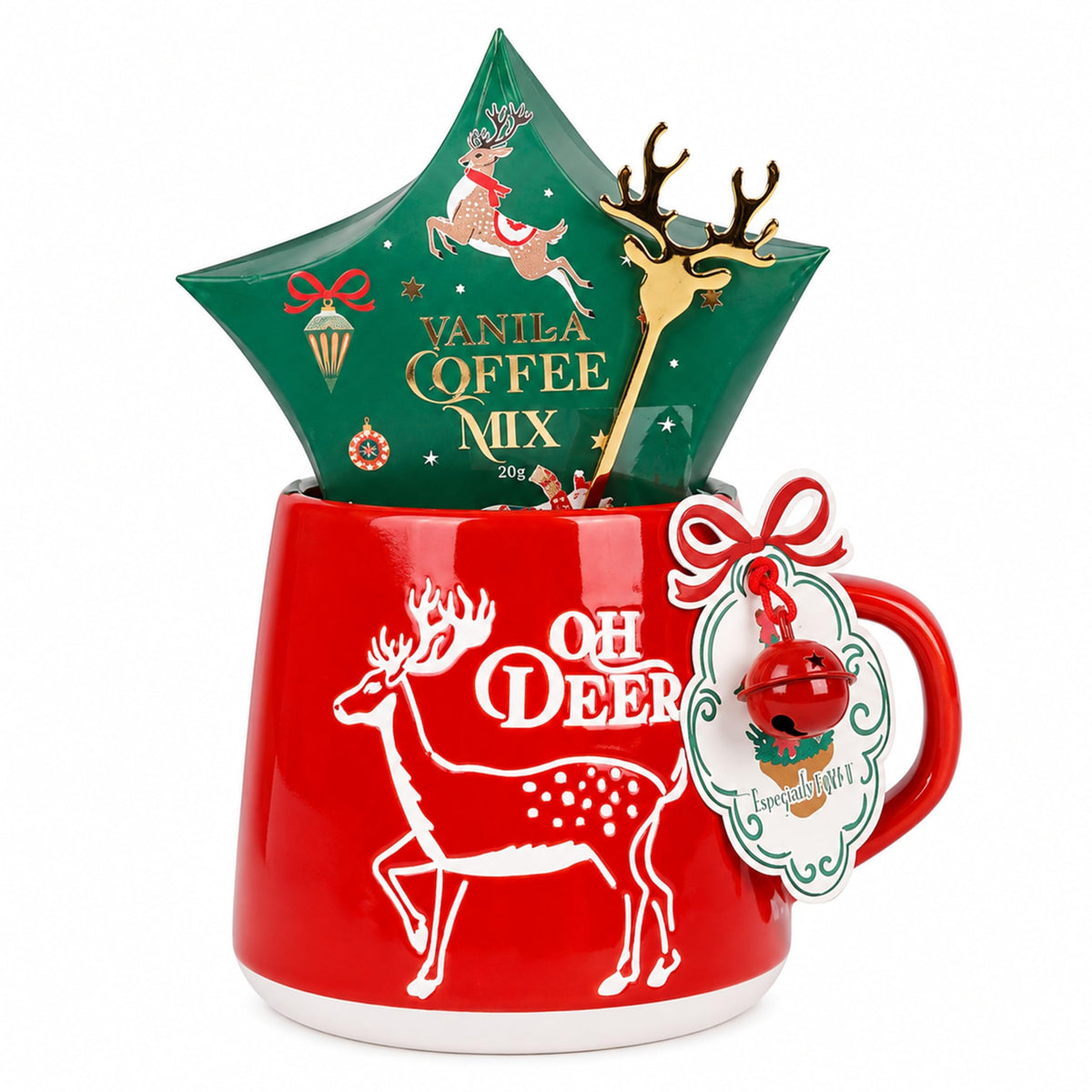 Coffee & Mug Gift Set for Christmas - Ceramic Red Reindeer Mug, Vanilla Coffee Mix 20g & Golden Spoon