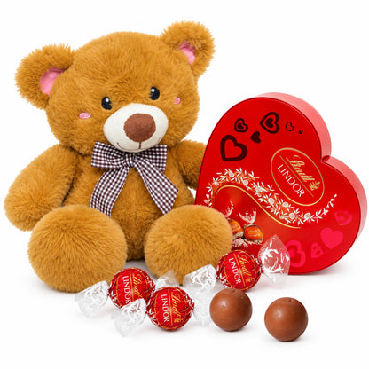 Lindt Chocolates & Teddy Hamper - Choc Heart Box with Truffles 200g + Teddy Bear