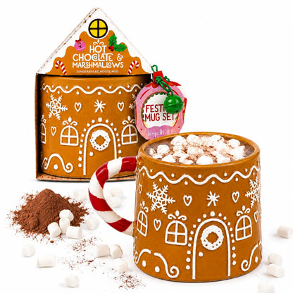 Gingerbread House Mug Hot Chocolate & Marshmallows Gift Set - Mug with 20g Cocoa Drink Mix & 12g Marshmallows