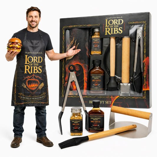 Lord of the Ribs BBQ Gift Set - Premium Grill Tools, Rub & Sauce Set with Apron