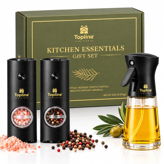 Kitchen Essentials Gift Set for Gifts – Reusable Electric Salt & Pepper Grinders with Sea Salt & Black Pepper, Glass Olive Oil Spray Bottle