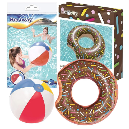 Inflatable Swimming Pool Float Bundle 42in Donut + 20in Beach Ball