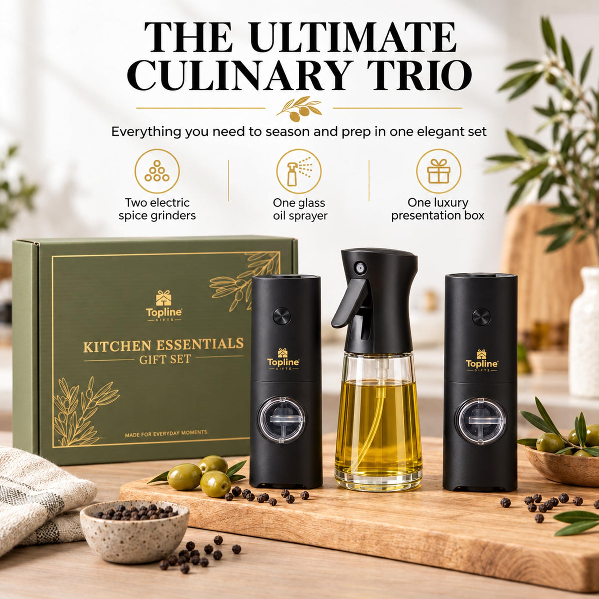 Kitchen Essentials Gift Set for Gifts – Reusable Electric Salt & Pepper Grinders with Sea Salt & Black Pepper, Glass Olive Oil Spray Bottle