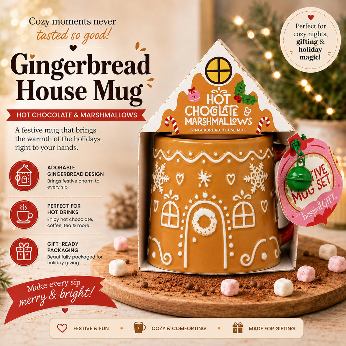 Gingerbread House Mug Hot Chocolate & Marshmallows Gift Set - Mug with 20g Cocoa Drink Mix & 12g Marshmallows