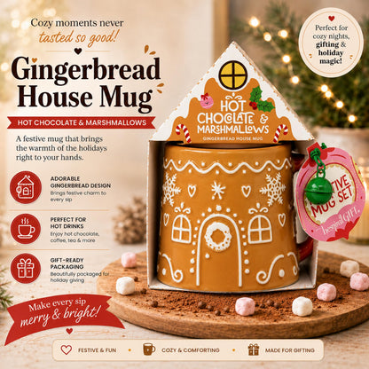 Gingerbread House Mug Hot Chocolate & Marshmallows Gift Set - Mug with 20g Cocoa Drink Mix & 12g Marshmallows