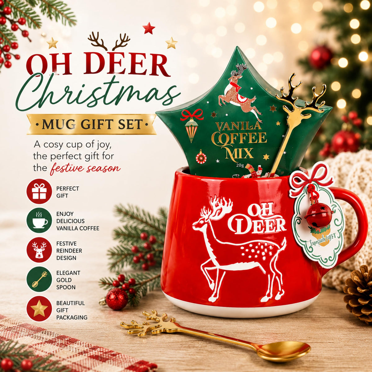 Coffee & Mug Gift Set for Christmas - Ceramic Red Reindeer Mug, Vanilla Coffee Mix 20g & Golden Spoon
