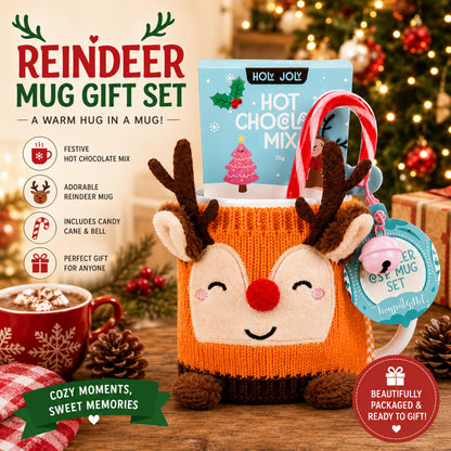 Deer Cosy Mug & Hot Chocolate Gift Set - Ceramic Mug with Cosy Deer Cover & more