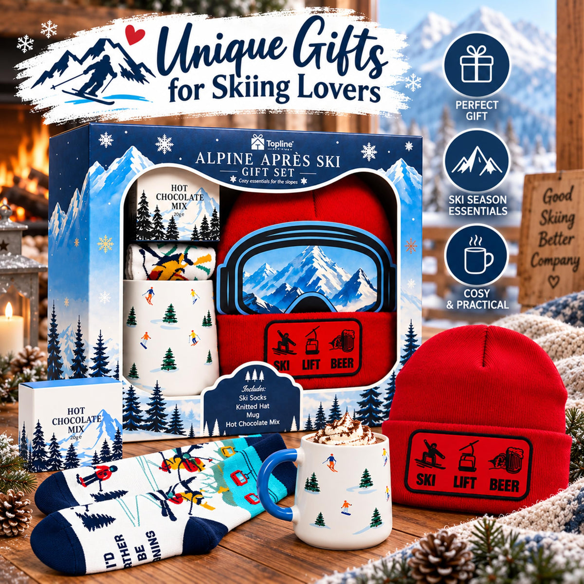 Topline Cozy Skiing Gift Set for Men - Ski Red Knitted Beanie Hat, Ceramic Mug, Cozy Socks & 20g Double Hot Chocolate Mix