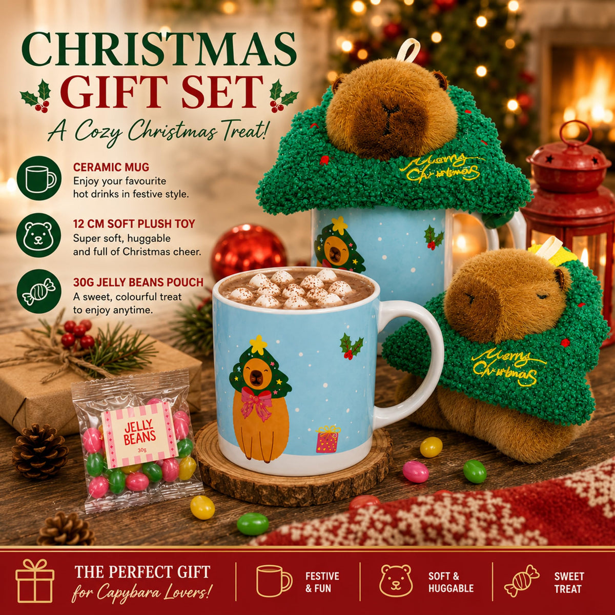 Capybara Christmas Gift Set for Kids - Ceramic Capybara Mug with Soft Plush Toy, 30g Jelly Beans & more