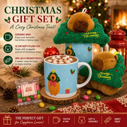 Capybara Christmas Gift Set for Kids - Ceramic Capybara Mug with Soft Plush Toy, 30g Jelly Beans & more