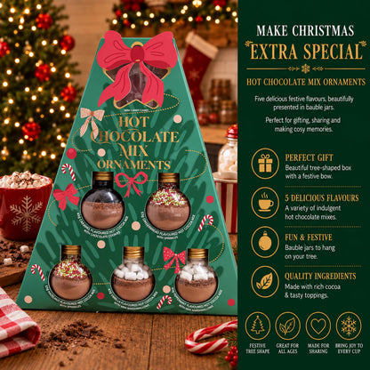 Hot Chocolate Gift Set for Christmas – Christmas Tree Design 5 Festive Cocoa Mix Baubles with Marshmallows & more