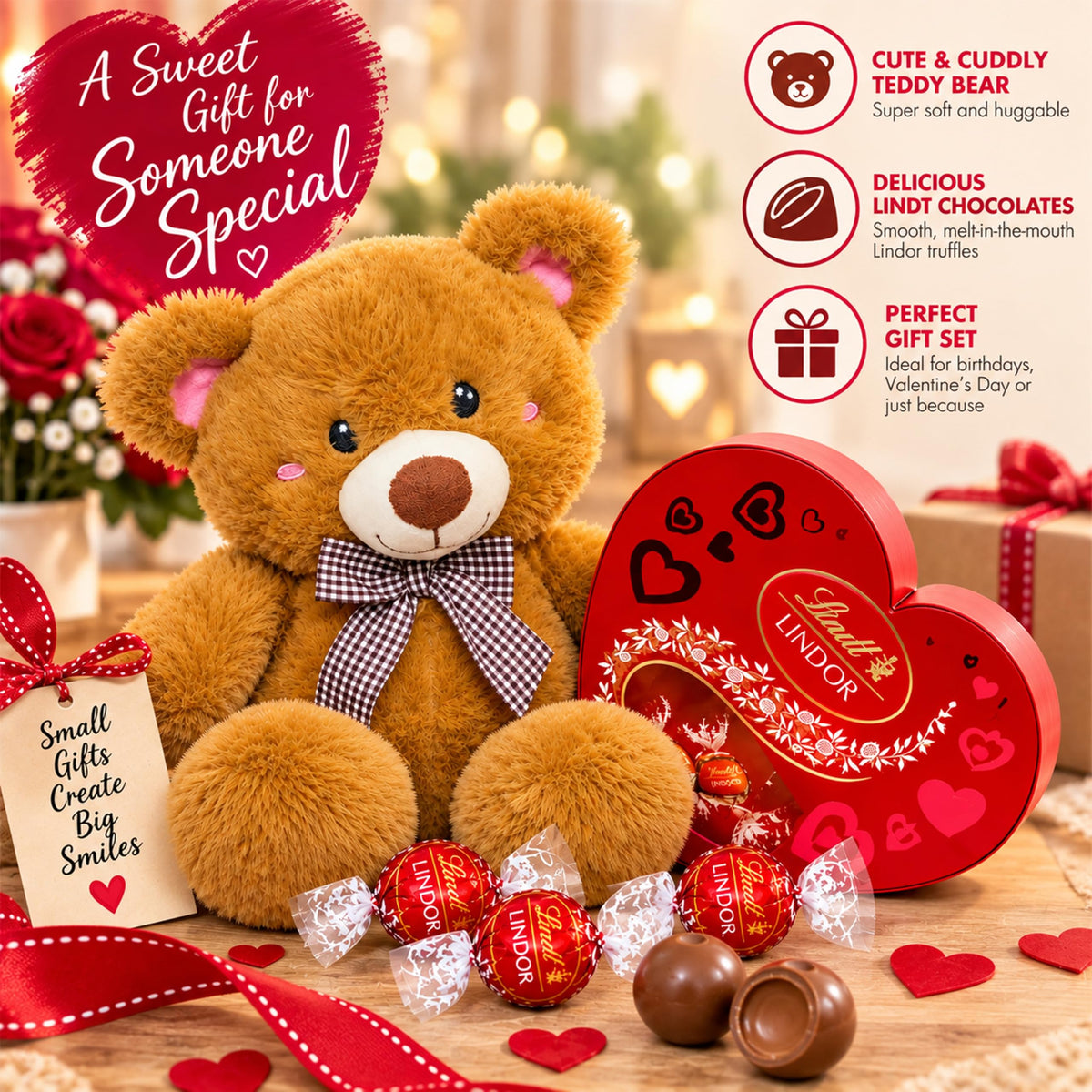 Lindt Chocolates & Teddy Hamper - Choc Heart Box with Truffles 200g + Teddy Bear