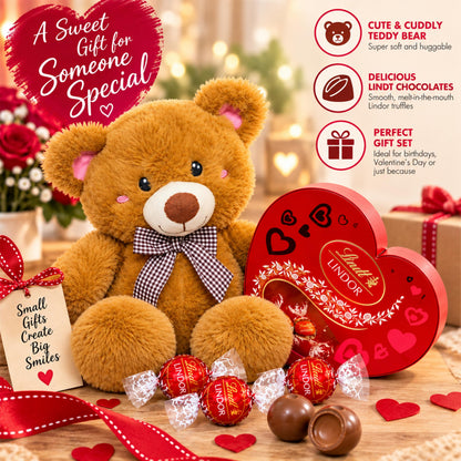 Lindt Chocolates & Teddy Hamper - Choc Heart Box with Truffles 200g + Teddy Bear