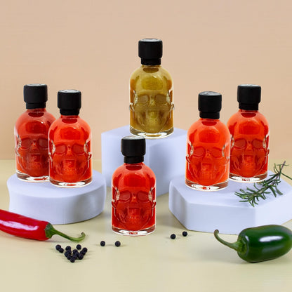 Hot Sauce Gift Set for Mens Gifts - Chilli Skull Spicy Sauce Heat Pack of 6 Different Flavour Sauce Bottle Gift